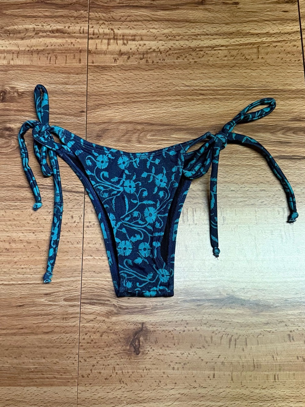 Tie-Side Floral Bikini Bottom in Teal on Navy- Women Swim